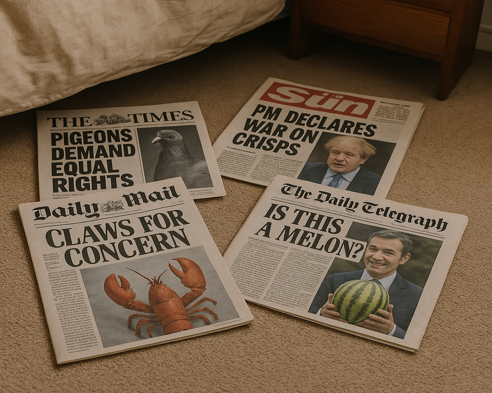 Satirical newspapers with humorous headlines